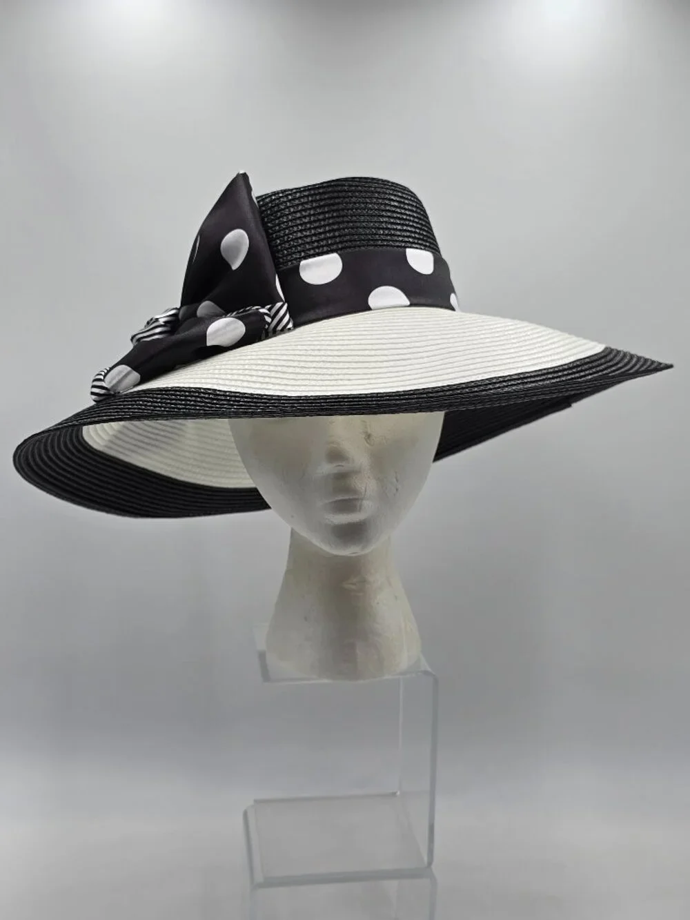 August Hat Company B&W Wide Brim Hat with Polka-Dot & Striped Accent Bow